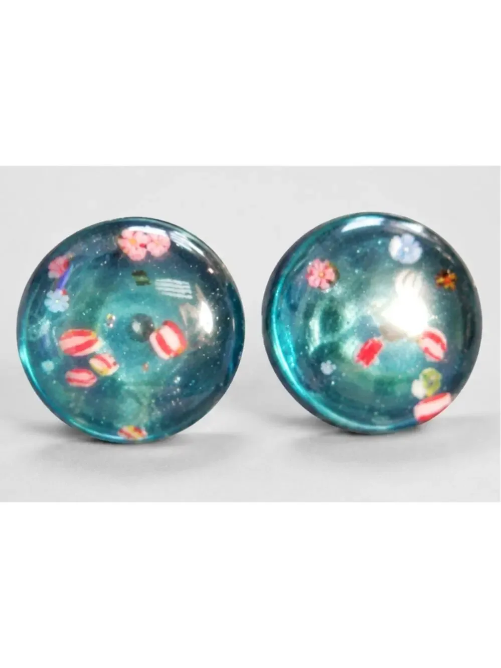 Vintage Blue Embedded Millefiore Lucite Clip-On‎ Earrings- Colorful Retro bcl-22